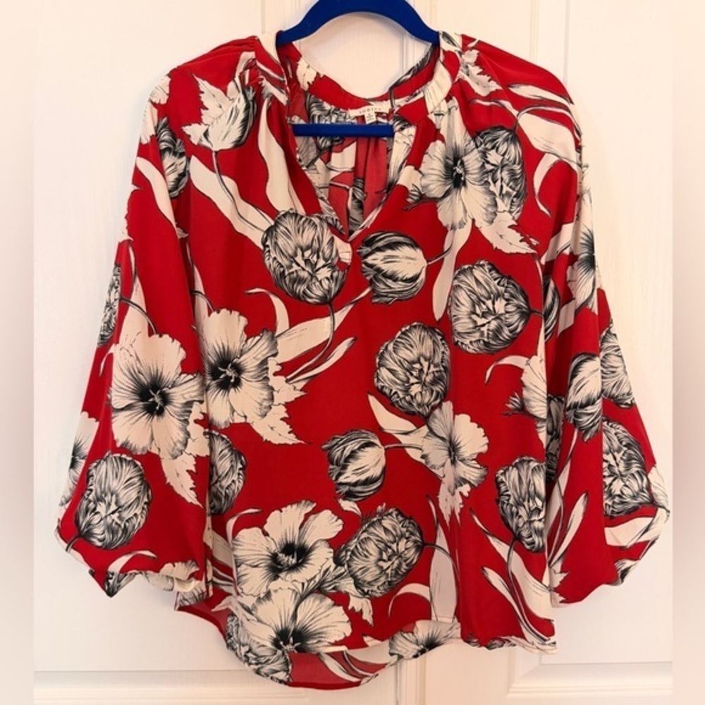JODIFL S Red Floral Peasant Boho Top Oversized Relaxed Fit